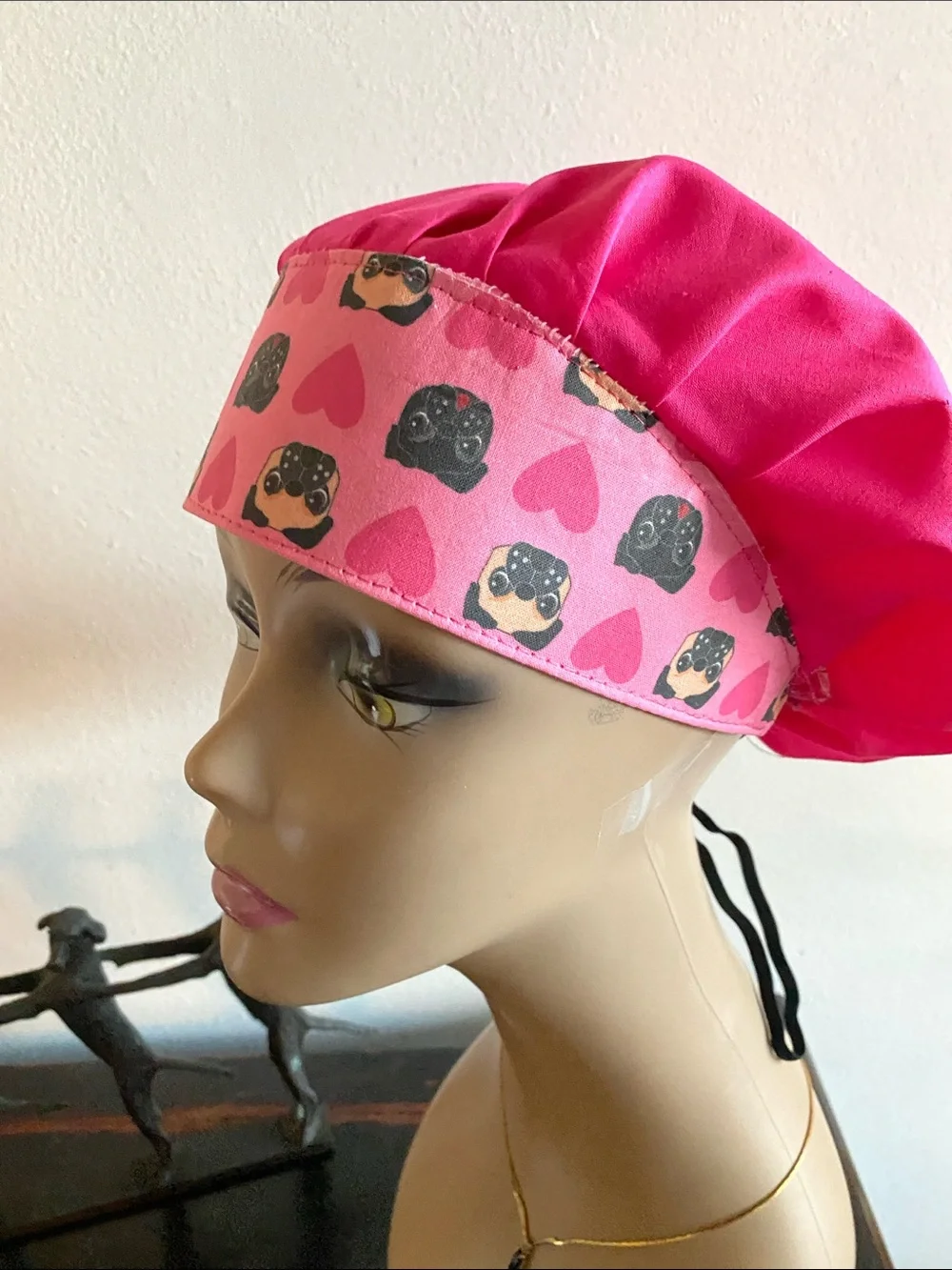 Pink Pug  bouffant medical scrub hat with adjustable toggle